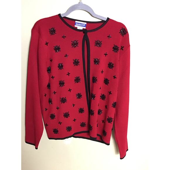 Pendleton Women Vintage 2 pcs. Sweater Set Sz. Med. Red Beaded detail black Trim - Picture 5 of 11